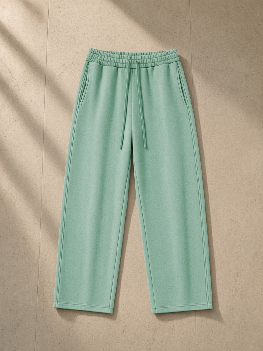 Vintage wash barrel leg fleece sweatpants in Mint Green, laid flat on pale limestone