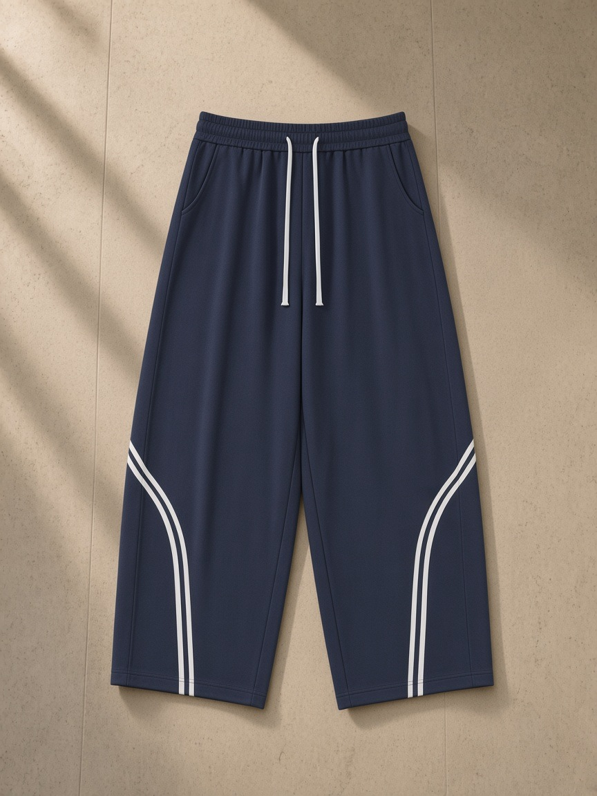 Wide Leg Piping Sweatpants in Navy Blue, laid flat on pale limestone