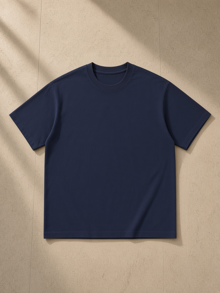 Unisex cotton t-shirt in Navy Blue, laid flat on pale limestone