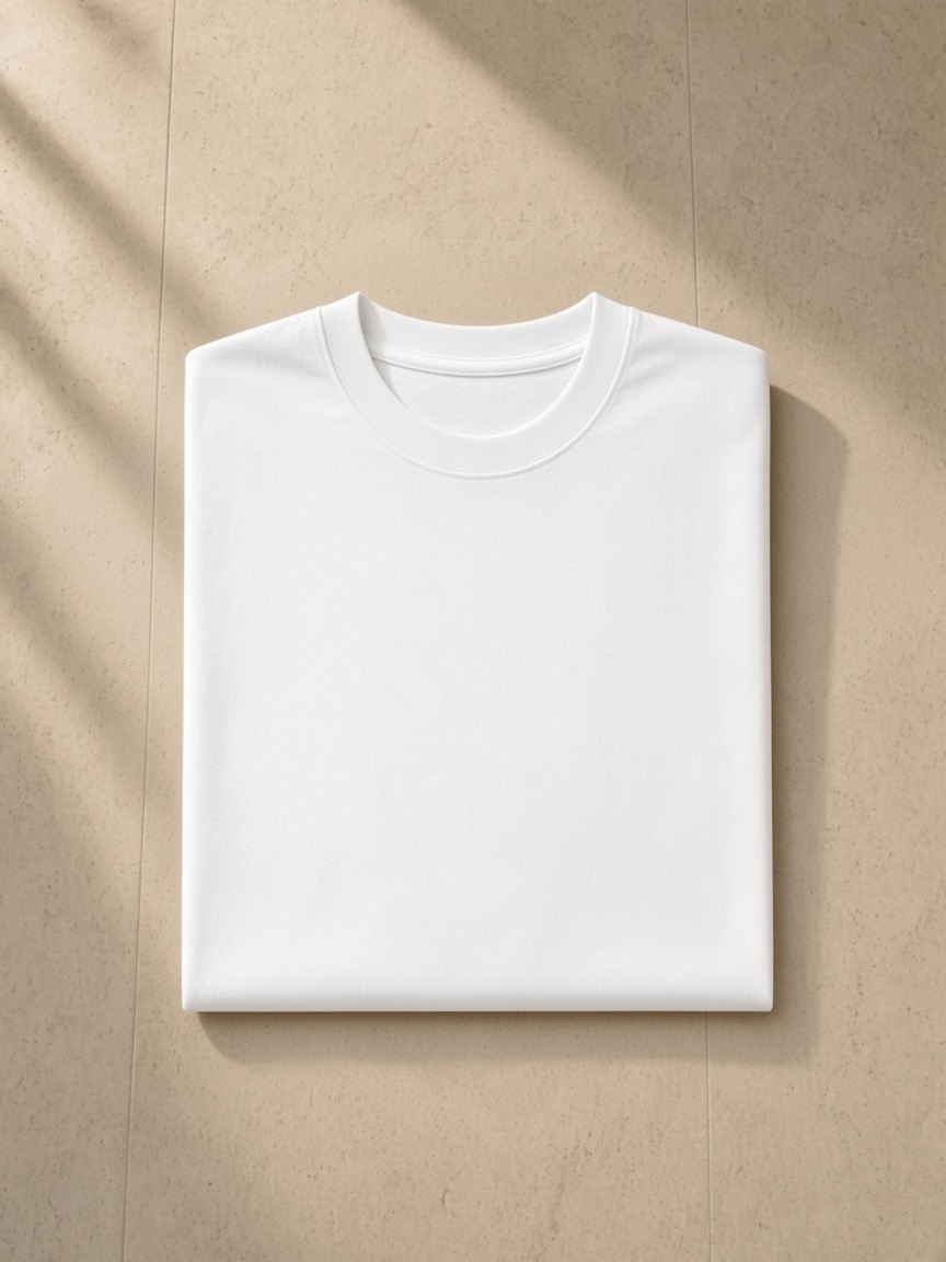 Men's Heavyweight Earth Tone T-Shirt in White, laid flat on pale limestone, folded.