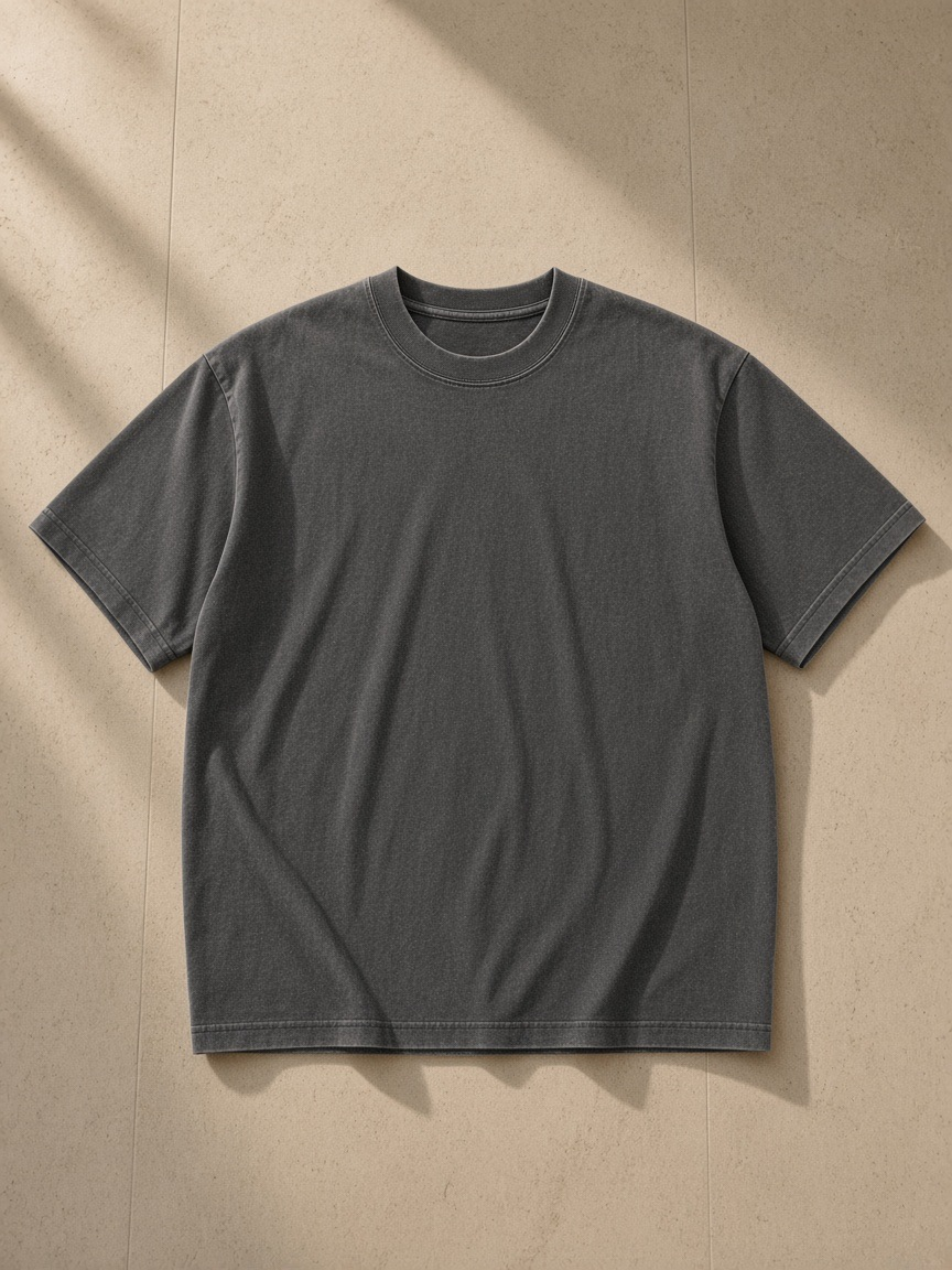 Unisex vintage wash distressed t-shirt in Dark Gray, laid flat on pale limestone