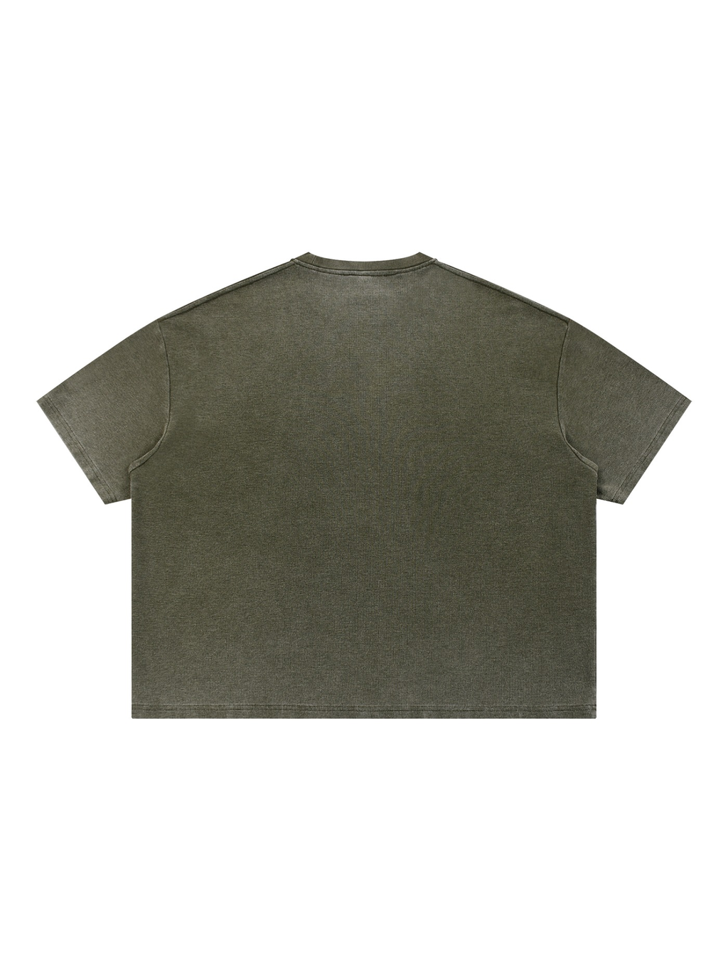 Unisex vintage wash sunfade boxy waffle t-shirt in Army Green, back view on white. Marcel Afters