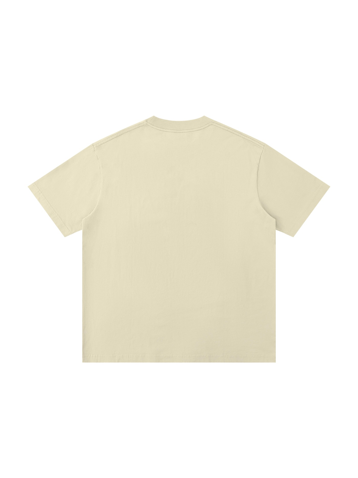 Unisex loose drop shoulder t-shirt in Pale Khaki, back view on white. Marcel Afters