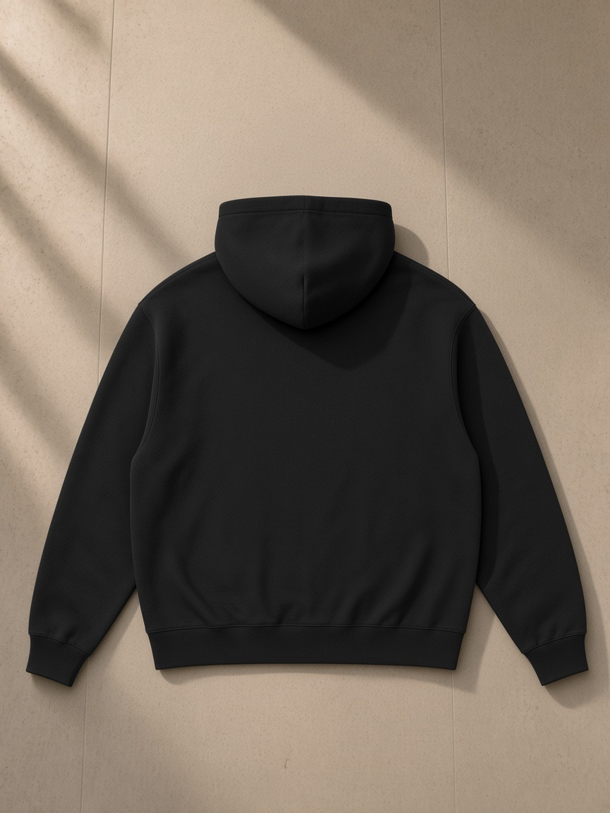 Relaxed Pullover Hoodie in Black, laid flat on pale limestone, back view