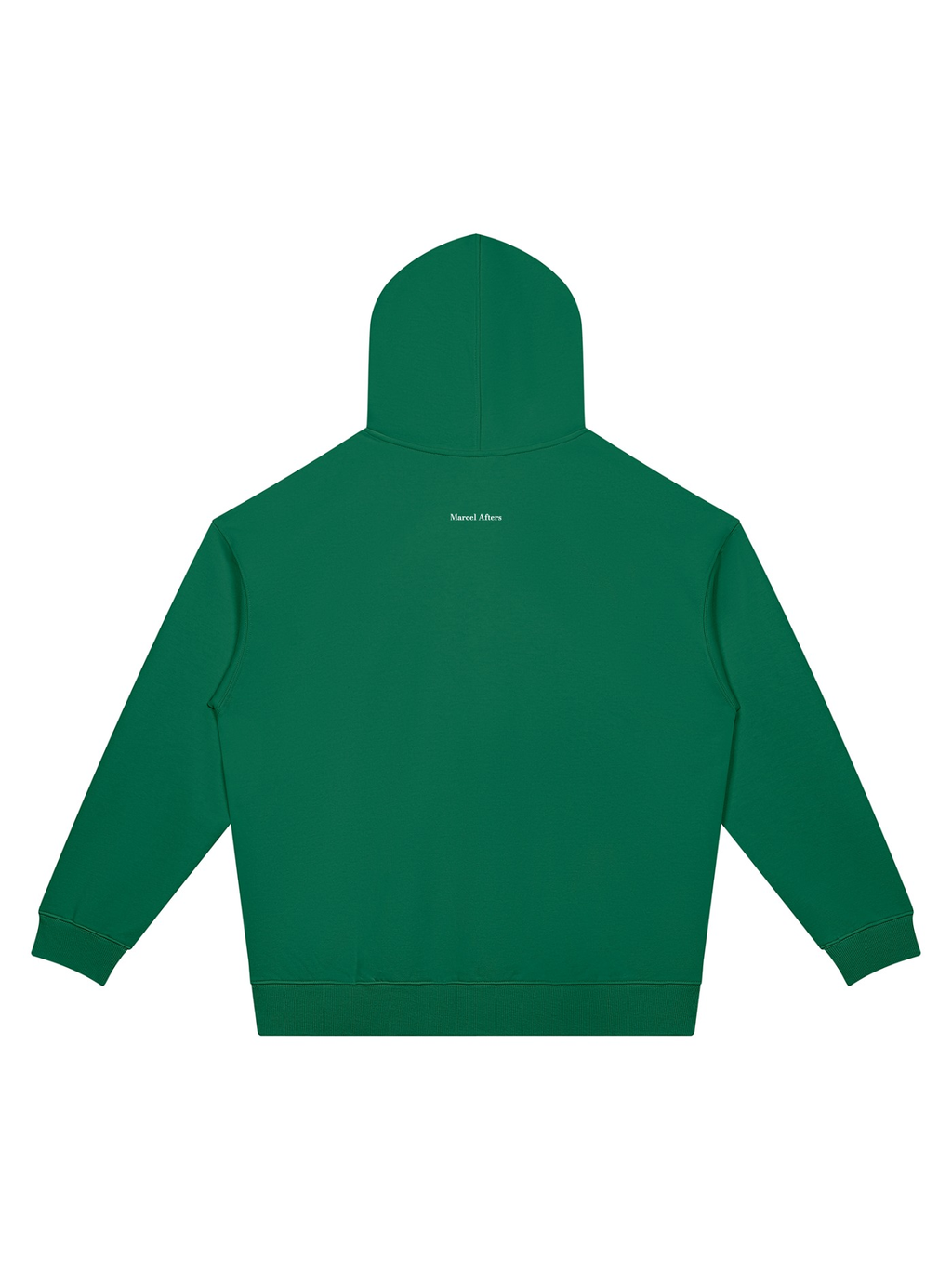 Unisex oversized drop shoulder hoodie in Blackish Green, back view on white. Marcel Afters