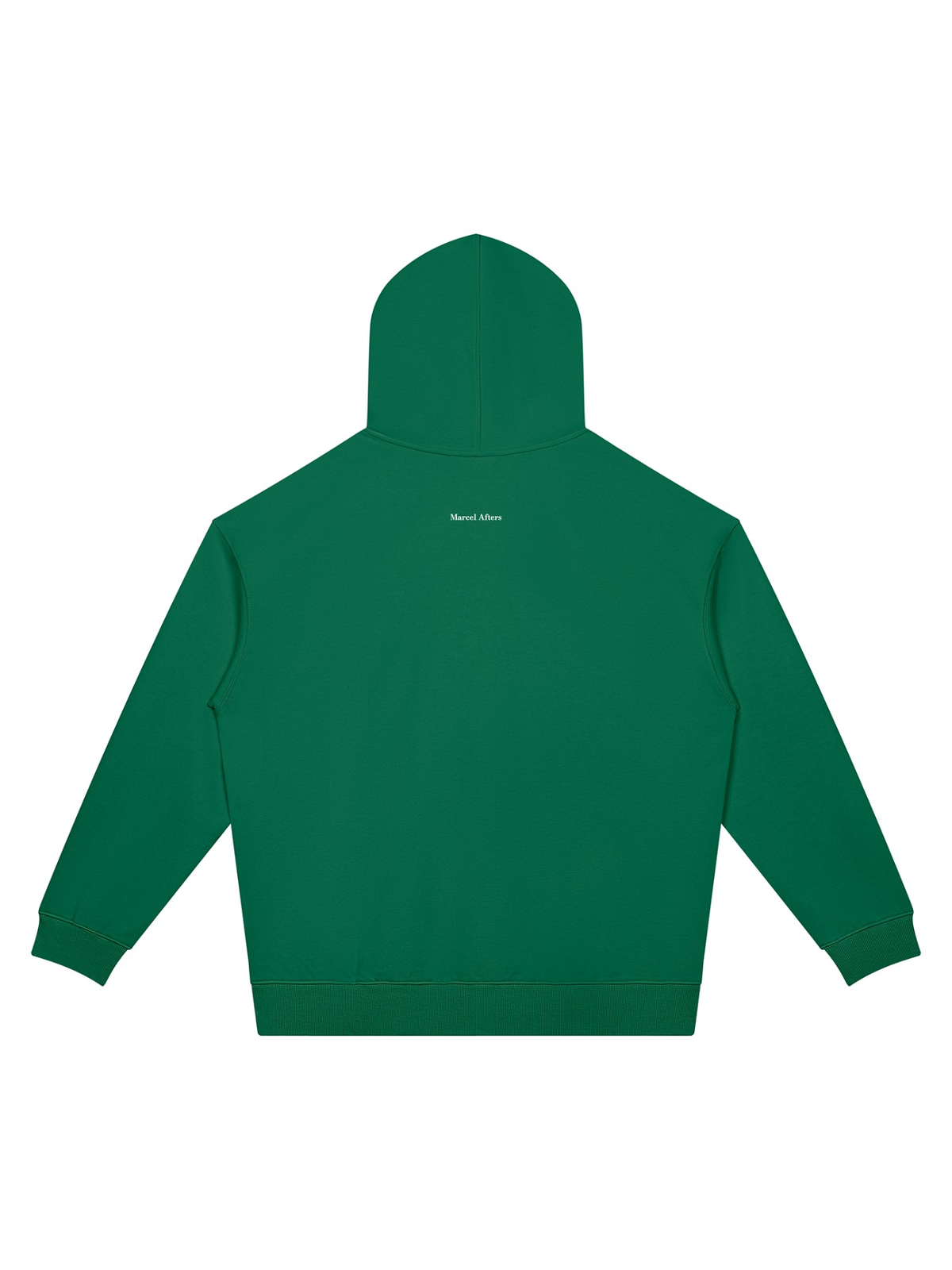 Unisex oversized drop shoulder hoodie in Blackish Green, back view on white. Marcel Afters