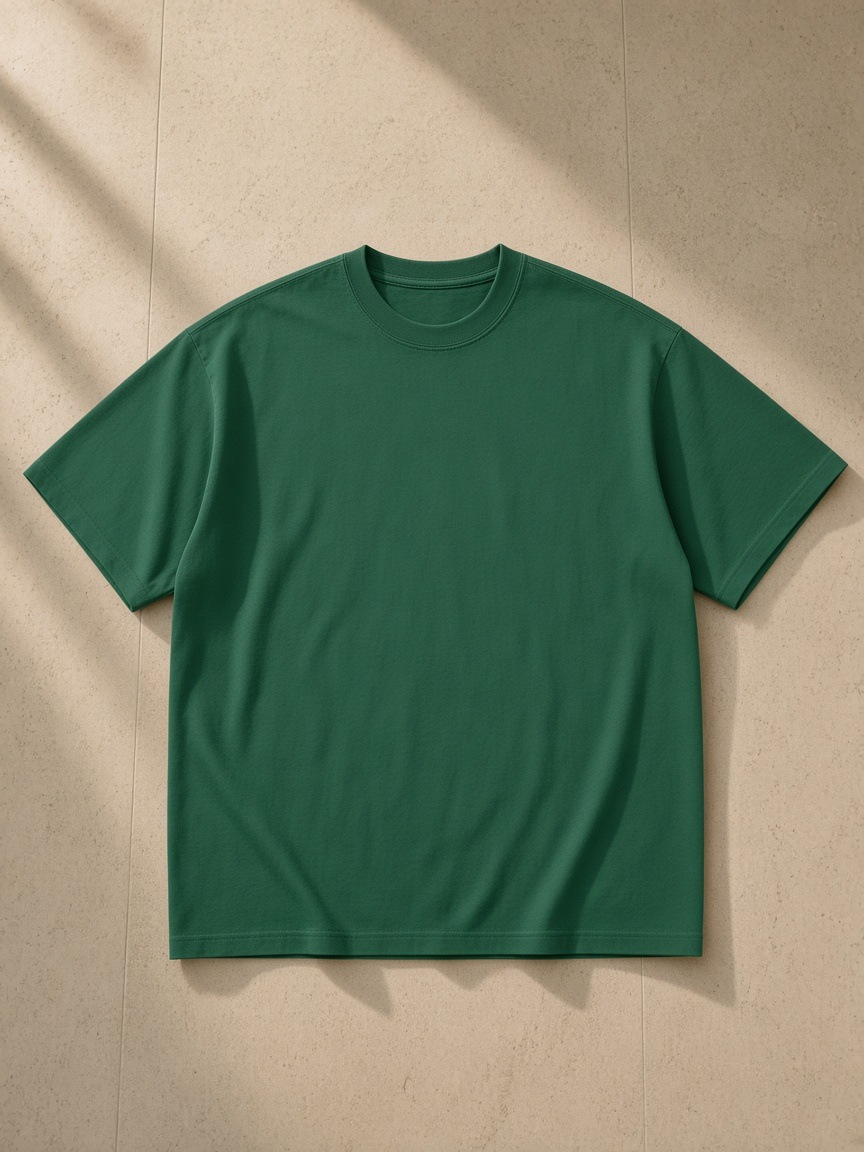 Heavyweight Loose Fit T-Shirt in Forest Green, laid flat on pale limestone