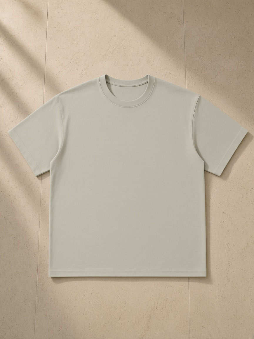 Unisex heavyweight drop shoulder cotton t-shirt in Gray Green, front view on white. Marcel Afters