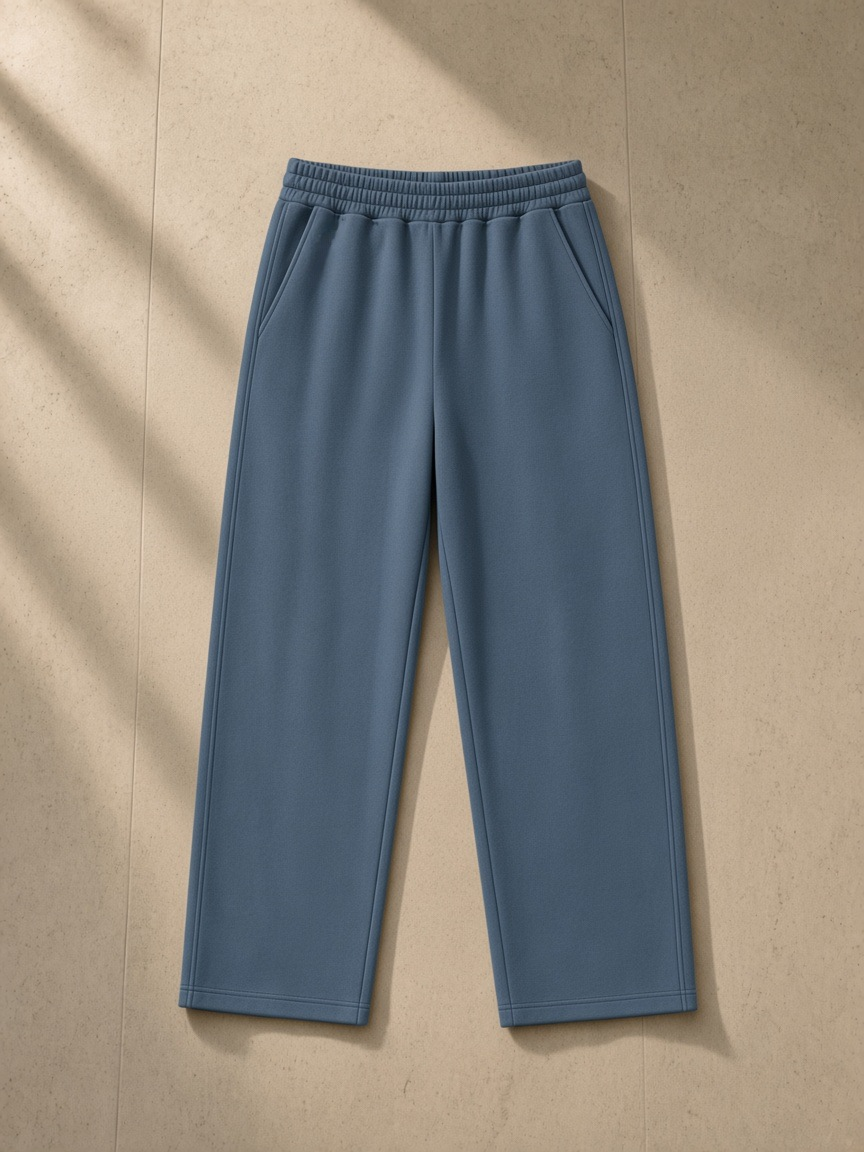 Tapered straight hem sweatpants in Haze Blue on a turned-down bed in a Carlyle-style suite in New York at night