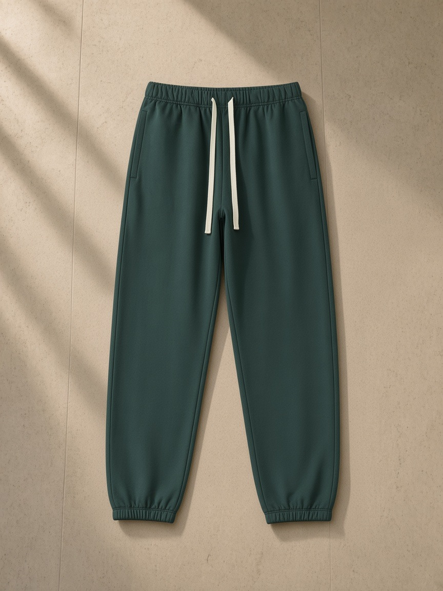 Essential Heavyweight Cotton Sweatpants in Retro Green, laid flat on pale limestone