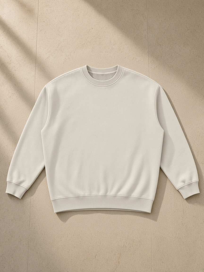 Vintage Wash Fleece Sweatshirt in Light Apricot, laid flat on pale limestone, front.