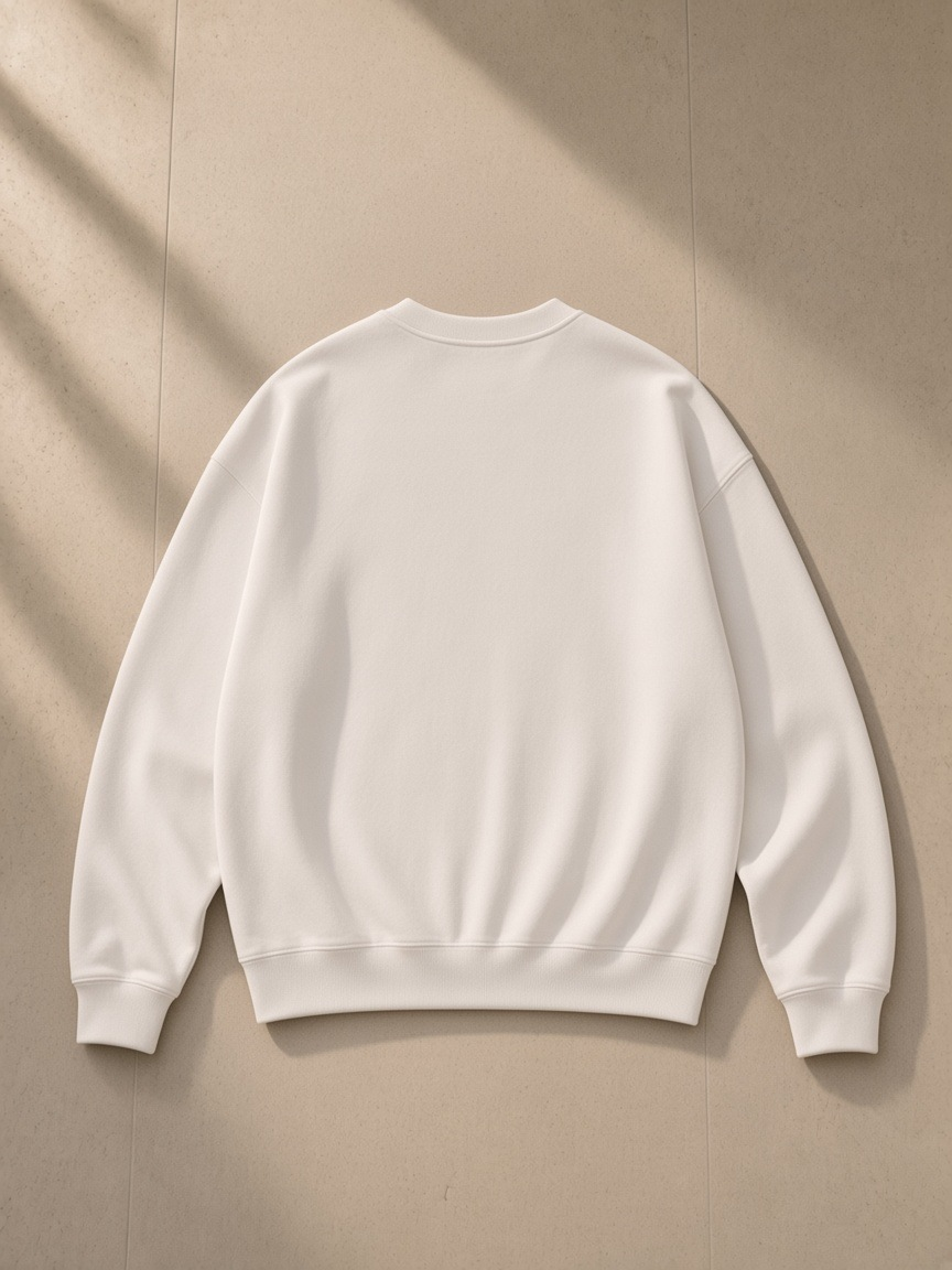 Unisex oversized v-neck sweatshirt in White, laid flat on pale limestone, back view