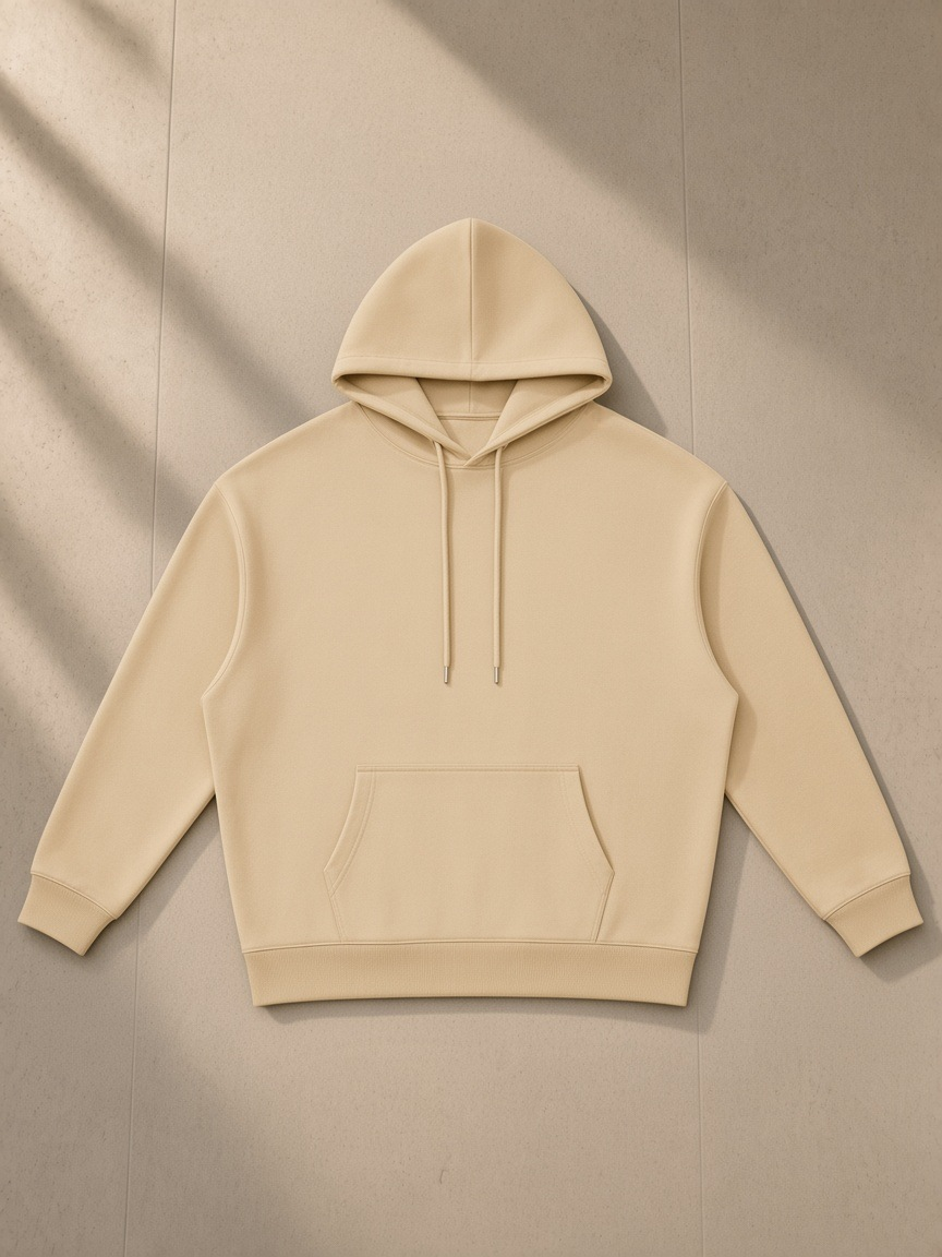 Relaxed Pullover Hoodie in Khaki, laid flat on pale limestone