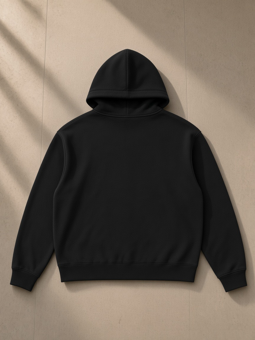 Men's Essential Heavyweight High Neck Zip-Up Hoodie in Black, laid flat on pale limestone, back view