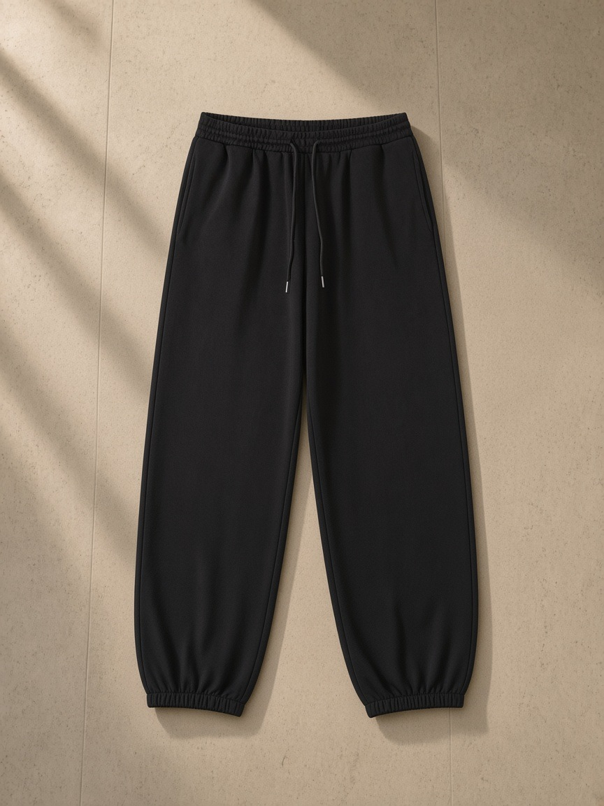 Essential jogged sweatpants in Black, laid flat on pale limestone