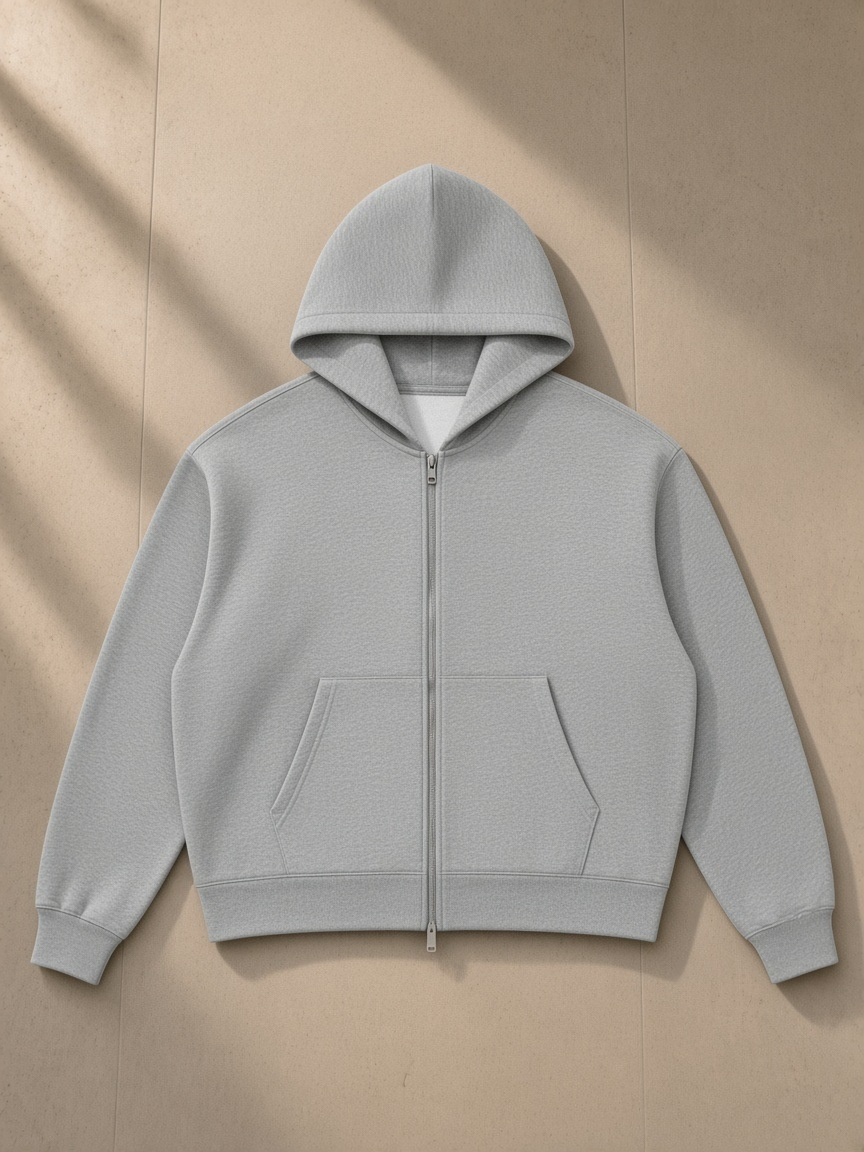Men's drop shoulder full-zip hoodie in Flower Gray, laid flat on pale limestone