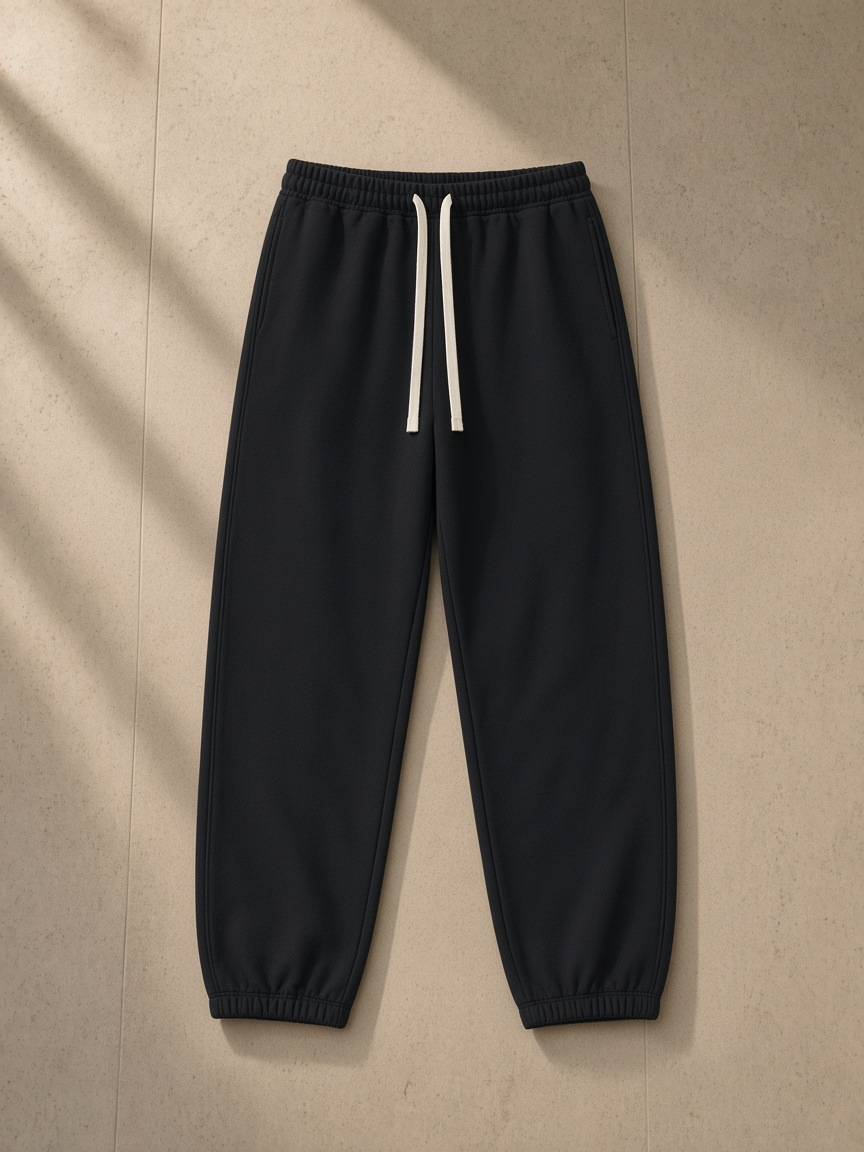 Essential Heavyweight Cotton Sweatpants in Black, laid flat on pale limestone