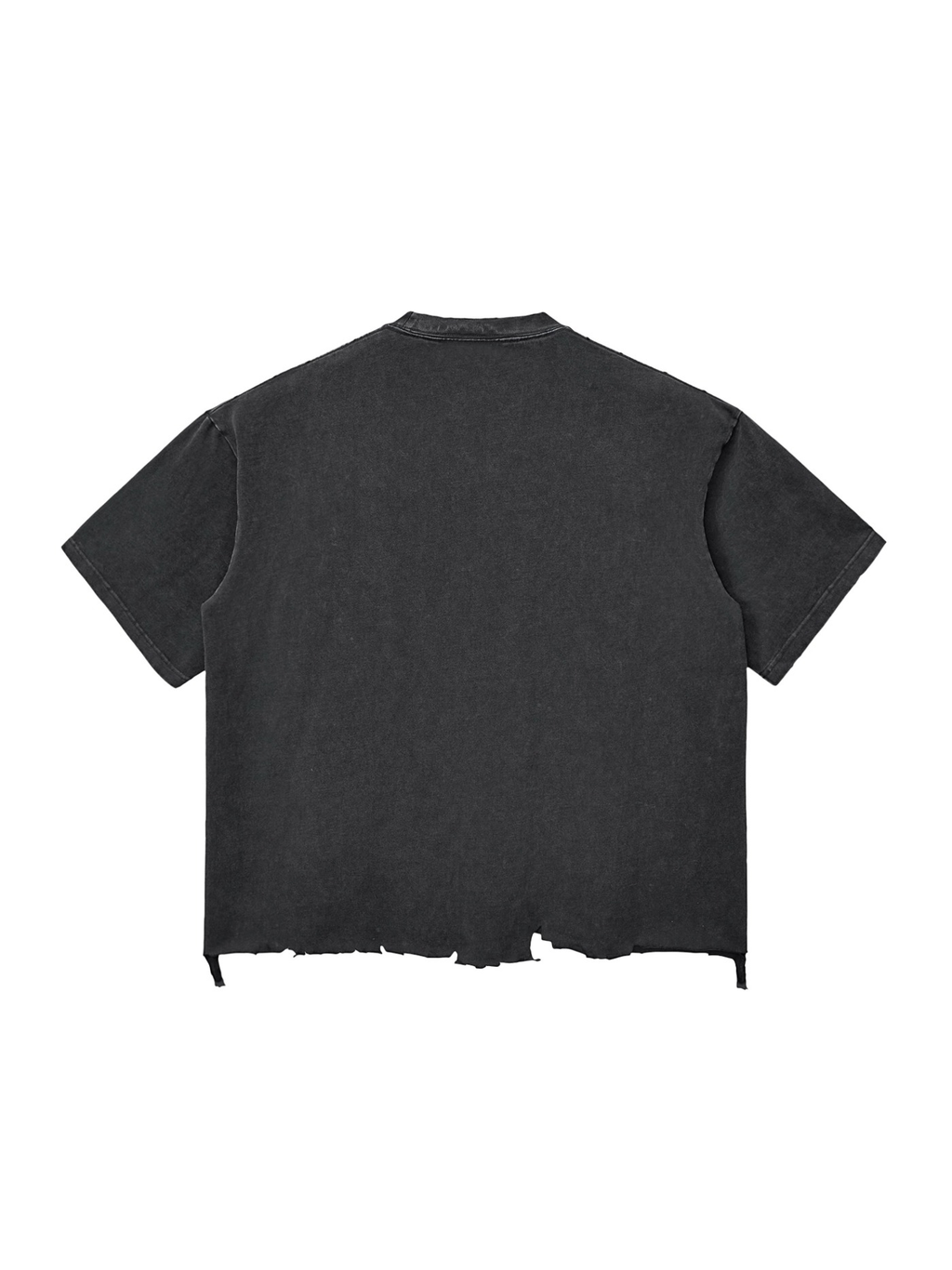Unisex snow wash raw-hem boxy t-shirt in Washed Black, back view on white. Marcel Afters