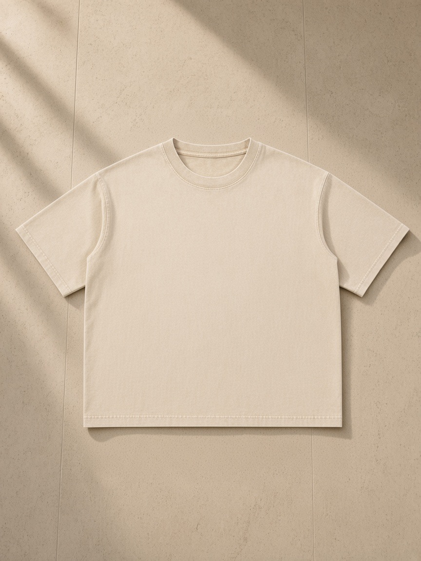 Unisex mineral wash boxy cotton t-shirt in Light Apricot, laid flat on pale limestone