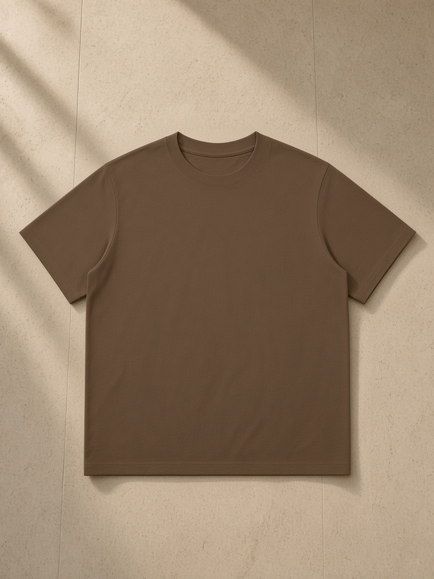 Unisex Mid-Weight Cotton T-Shirt in Coffee, laid flat on pale limestone
