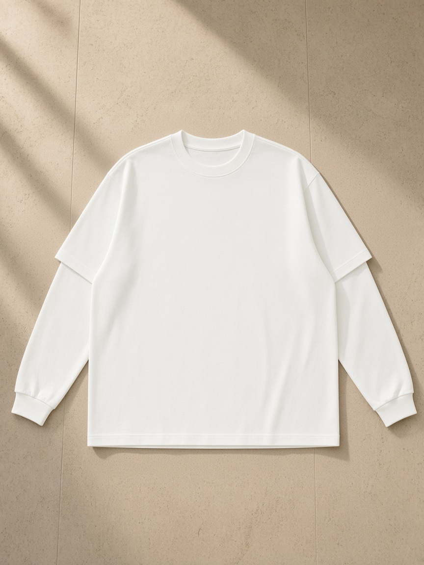 Layered oversized t-shirt in White, laid flat on pale limestone
