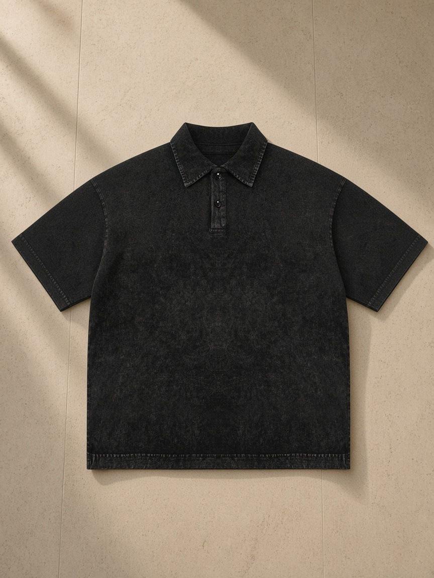 Heavyweight Snow-Washed Polo in Black, laid flat on pale limestone