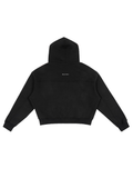 Unisex fleece zip-up boxy hoodie in Black, back view on white. Marcel Afters