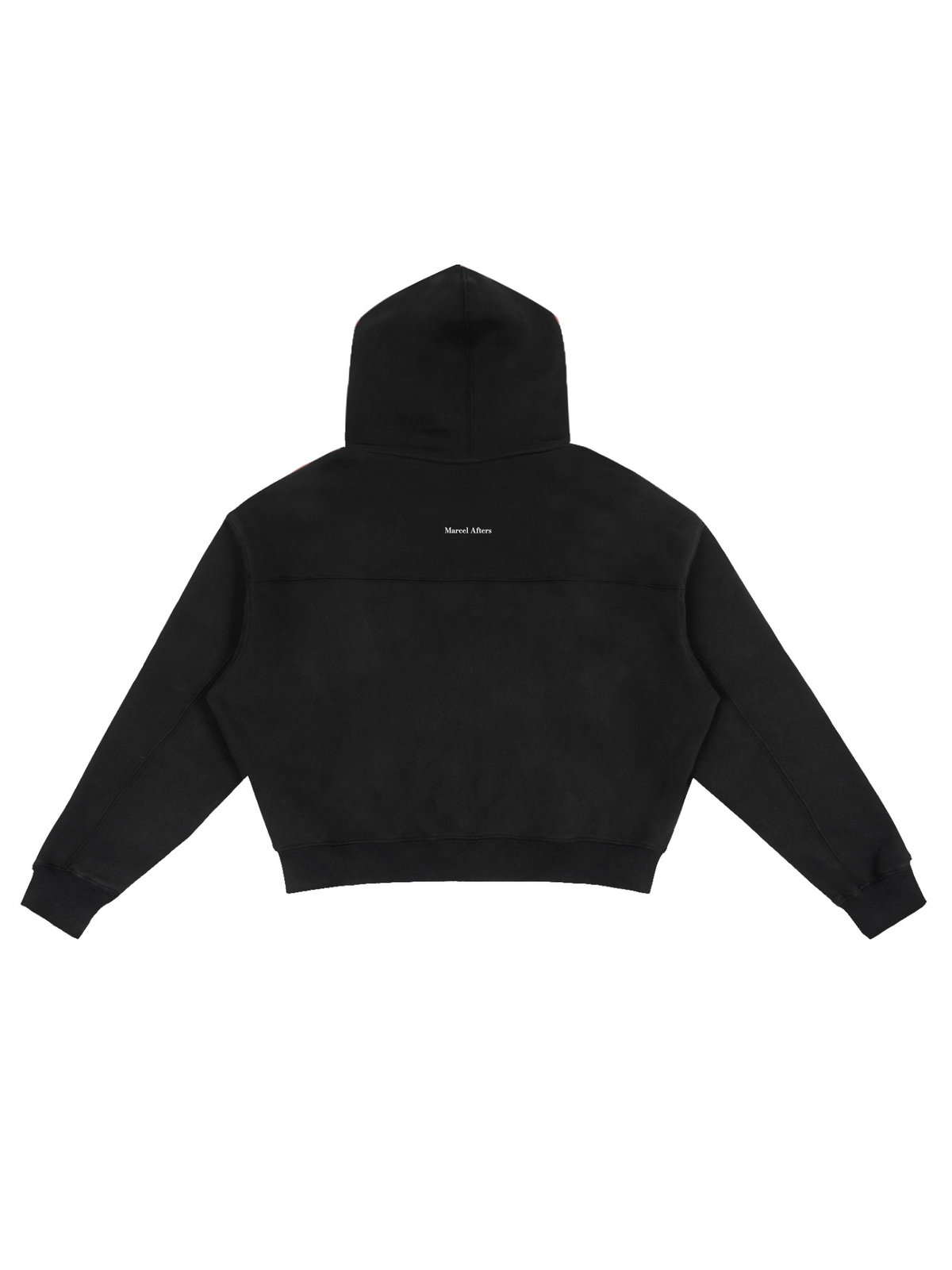 Unisex fleece zip-up boxy hoodie in Black, back view on white. Marcel Afters