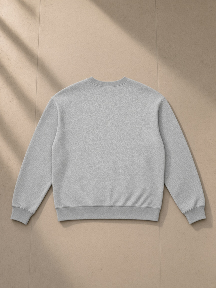 Heavyweight Crewneck Sweatshirt in Flower Gray, laid flat on pale limestone, back view