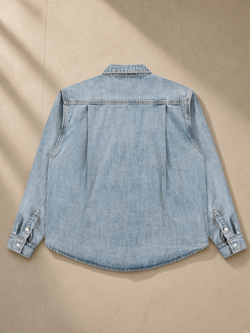 Vintage Wash Denim Shirt in Blue, laid flat on pale limestone, back view
