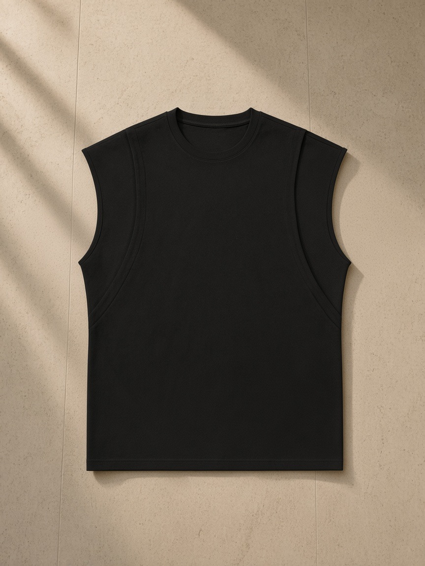 Unisex spliced panel sleeveless muscle t-shirt in Black, laid flat on pale limestone