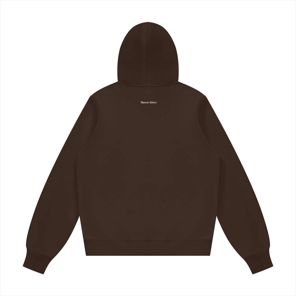 Unisex fleece regular shoulder hoodie in Coffee, back view on white. Marcel Afters
