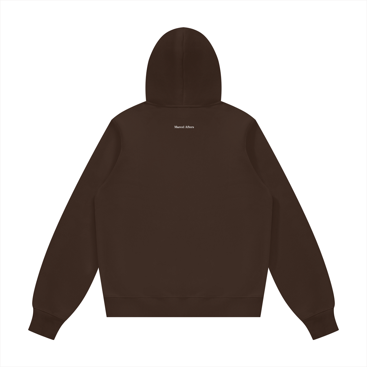 Unisex fleece regular shoulder hoodie in Coffee, back view on white. Marcel Afters