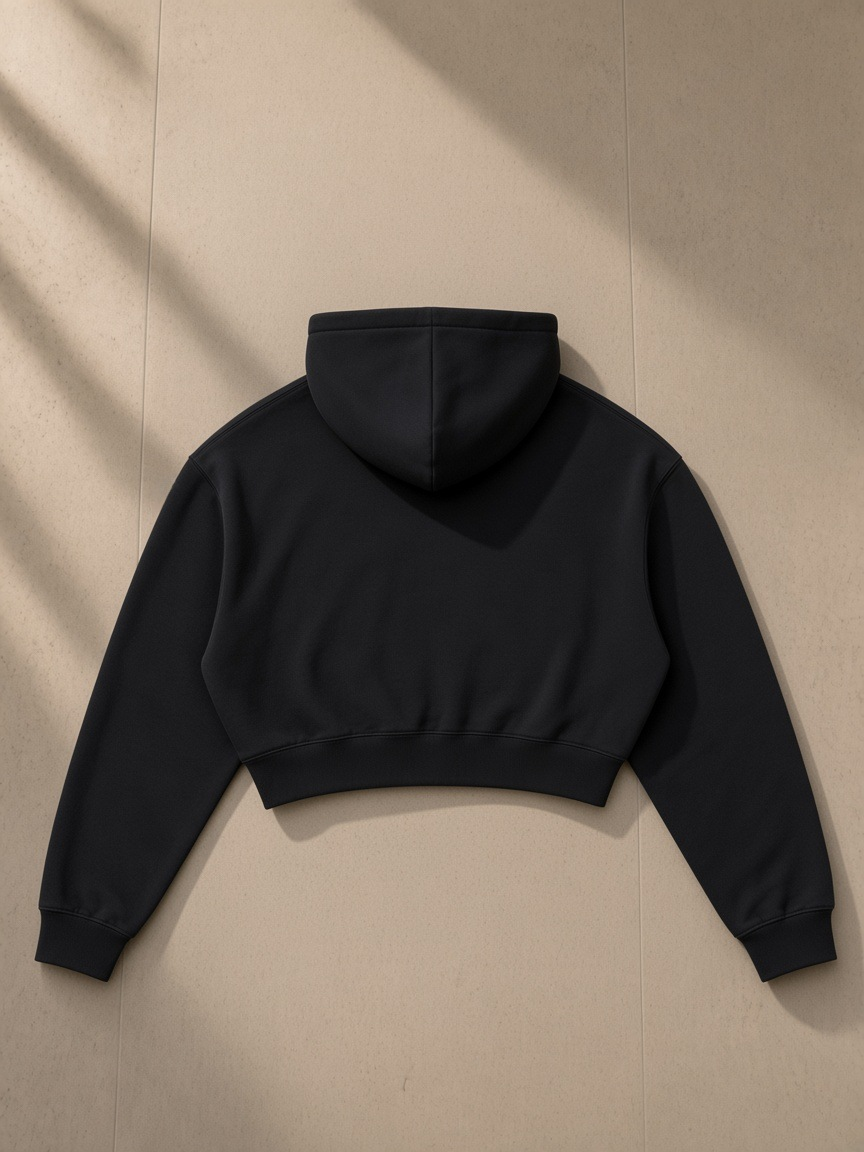 Essential Cropped Hoodie in Black, laid flat on pale limestone, back view