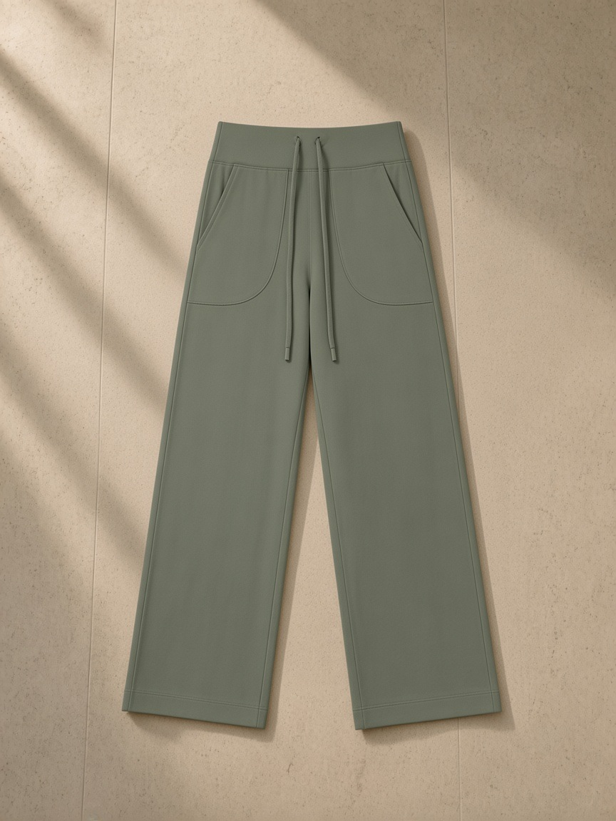 Women’s High Rise Straight Leg Yoga Pants in Gray Green, laid flat on pale limestone