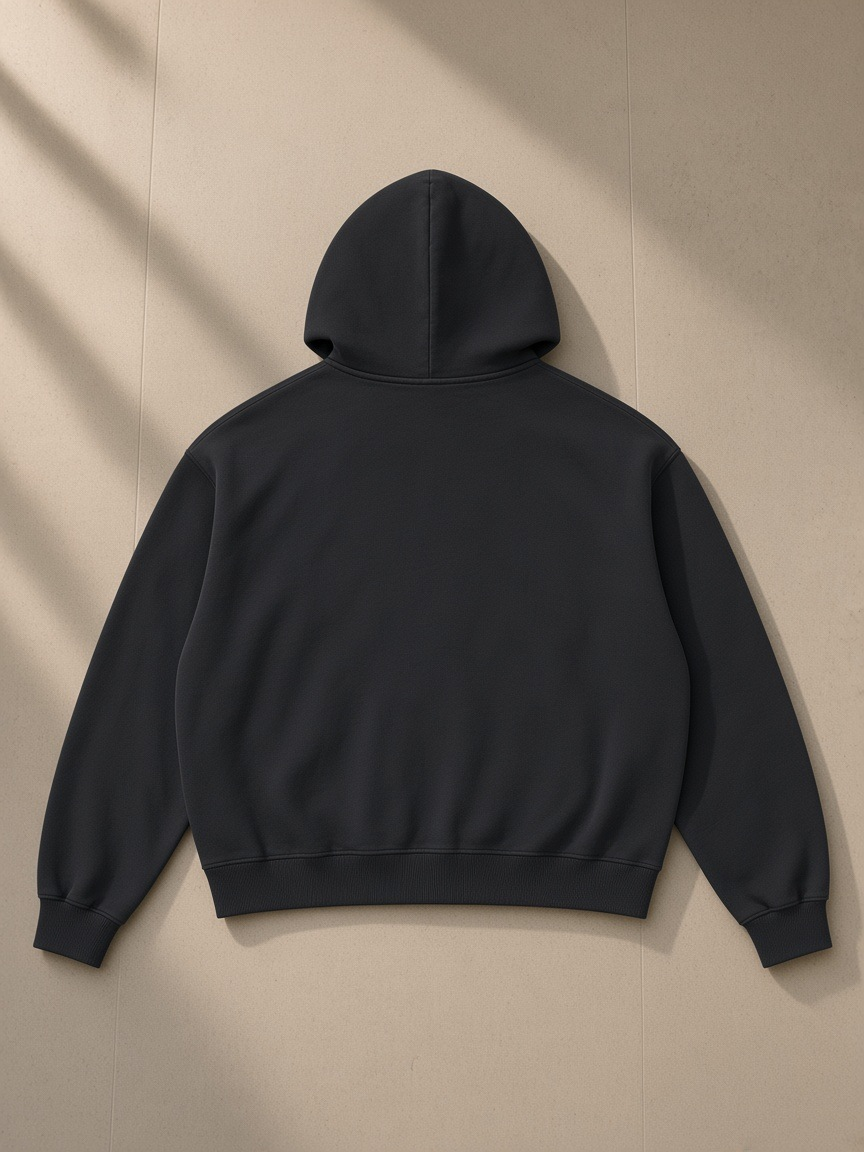 Boxy vintage washed hoodie in Black, laid flat on pale limestone, back view