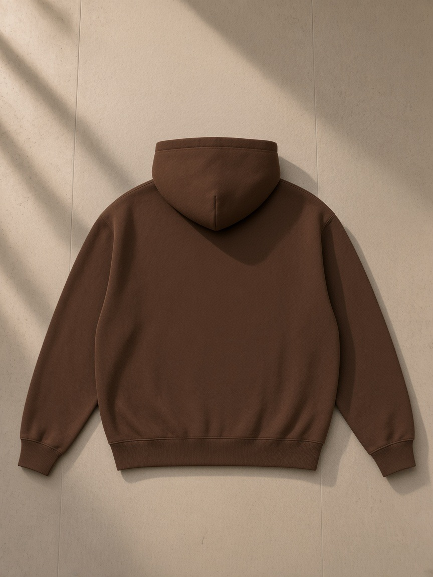Essential heavyweight hoodie in Coffee, laid flat on pale limestone, back view