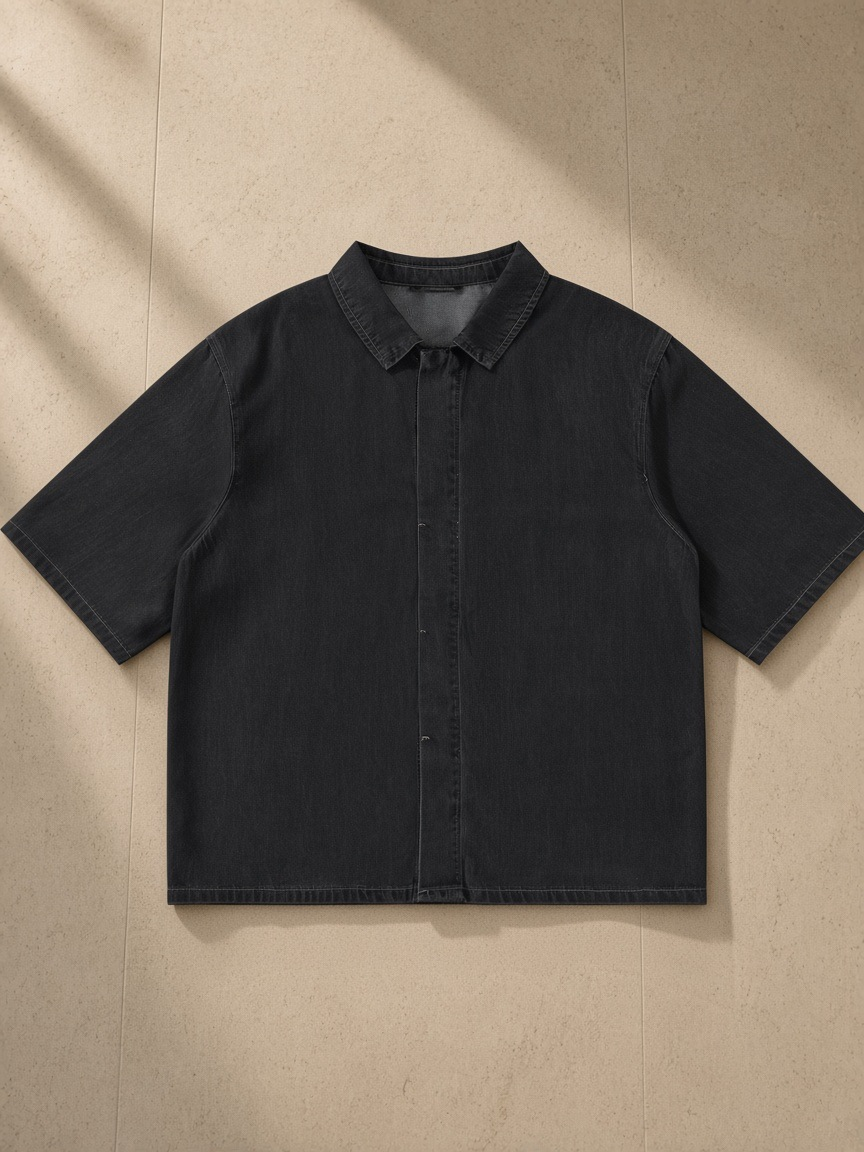 Vintage Wash Lyocell Shirt in Black, laid flat on pale limestone