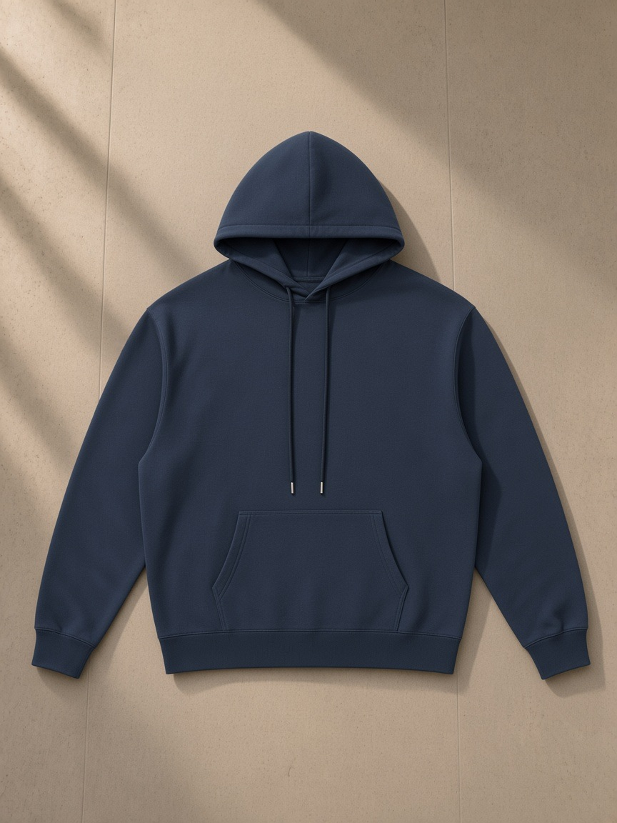 Relaxed Pullover Hoodie in Navy Blue, laid flat on pale limestone