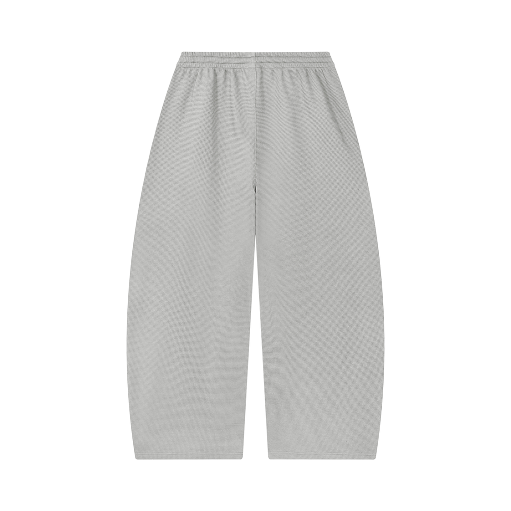 Waffle barrel leg pants in Light Gray, back view