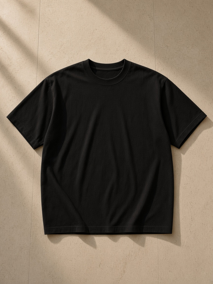 Regular Fit Crewneck T-Shirt in Black, laid flat on pale limestone