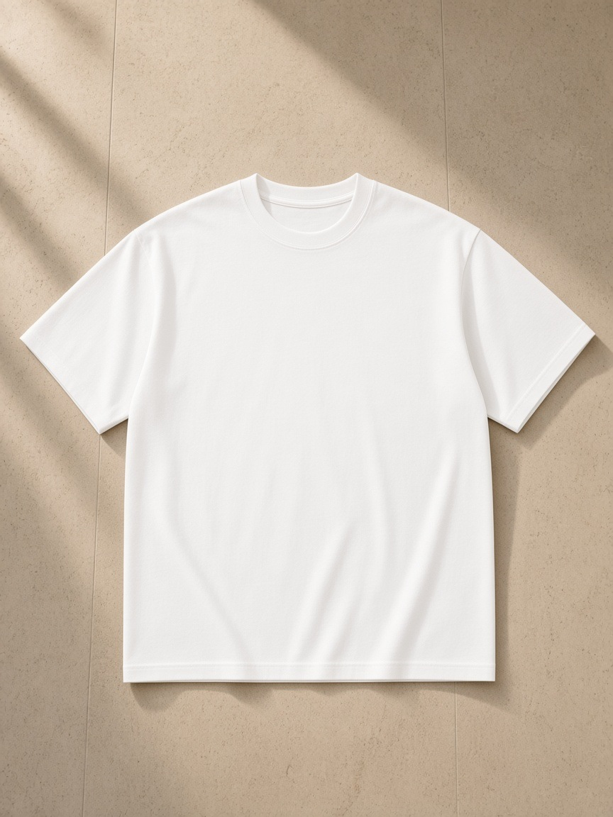 Unisex pure cotton t-shirt in White, laid flat on pale limestone