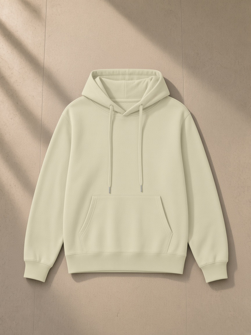 Unisex classic cotton hoodie in Khaki, laid flat on pale limestone