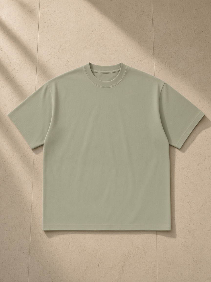 Women's Heavyweight Drop Shoulder T-Shirt in Grey Green, laid flat on pale limestone