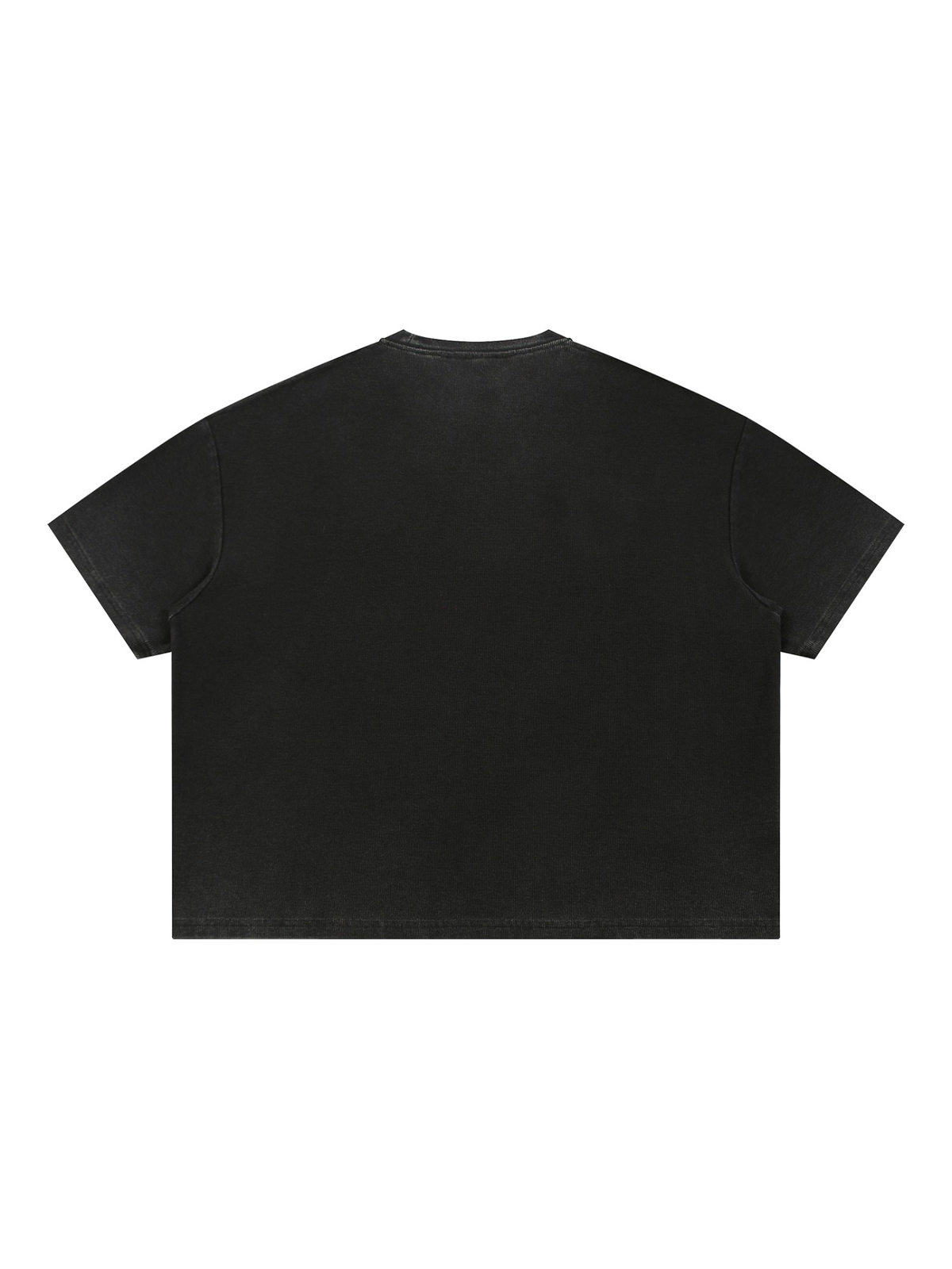 Unisex vintage wash sunfade boxy waffle t-shirt in Black, back view on white. Marcel Afters