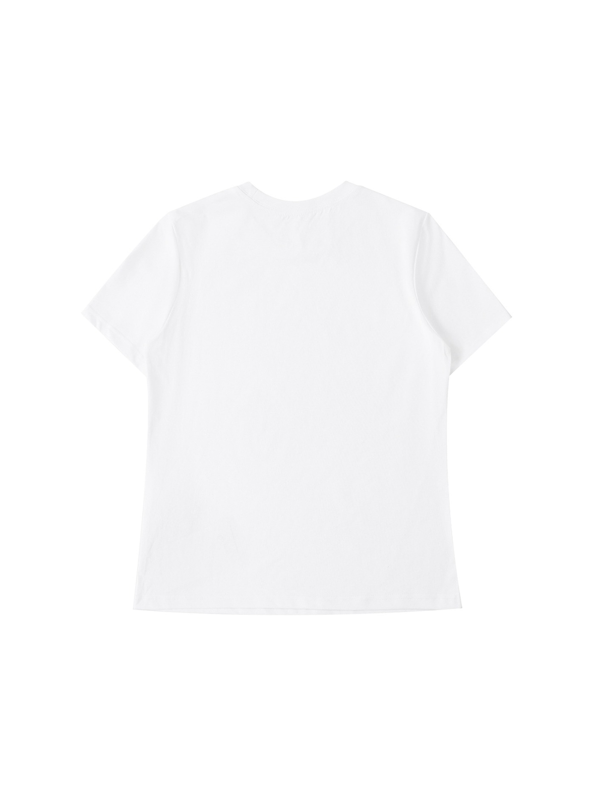 Women's standard shoulder t-shirt in White, back view on white. Marcel Afters