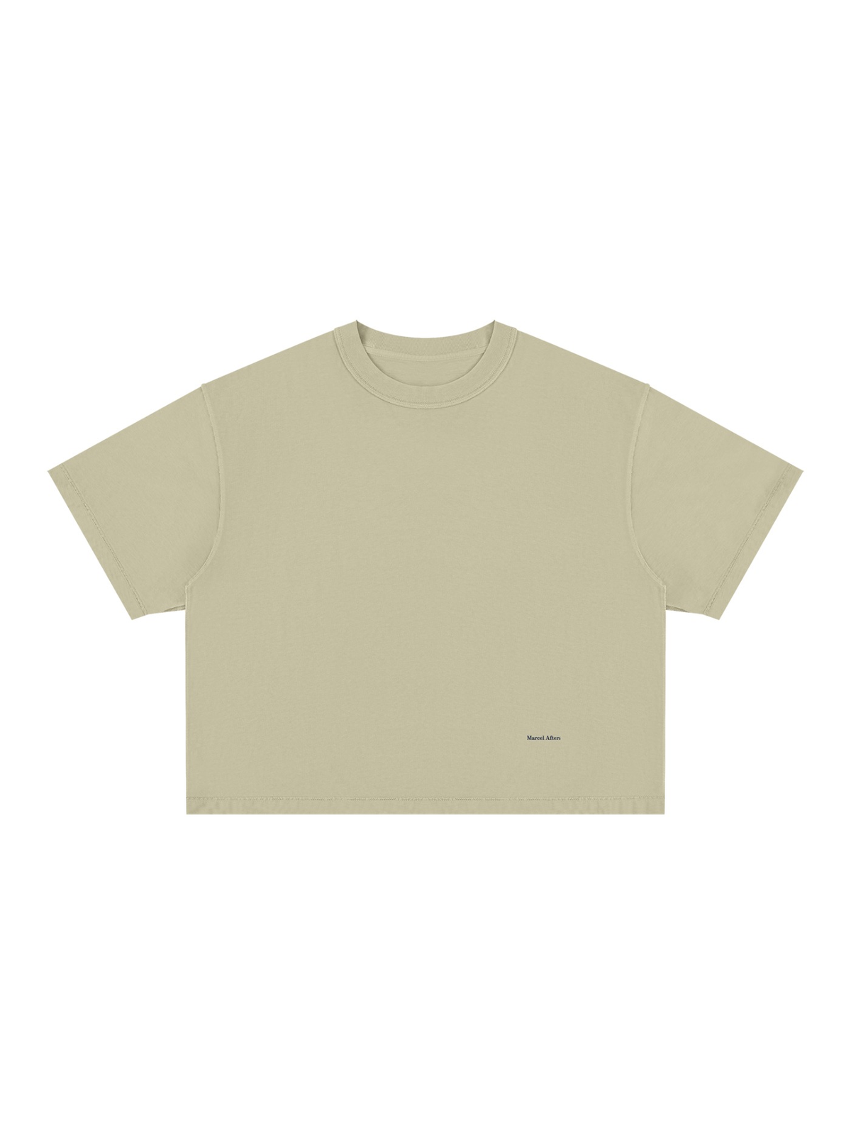 Unisex vintage wash boxy t-shirt in Pale Khaki, front view on white. Marcel Afters