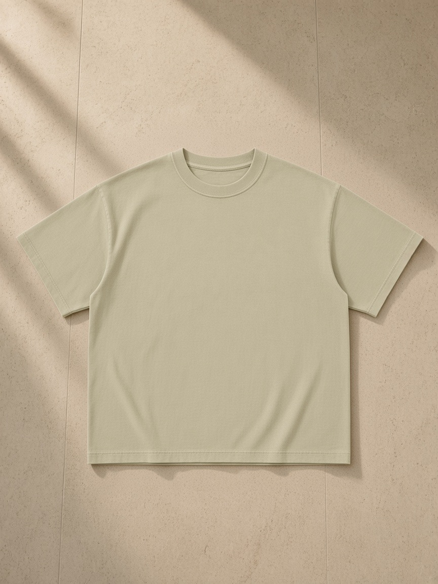 Unisex vintage wash boxy t-shirt in Pale Khaki, laid flat on pale limestone