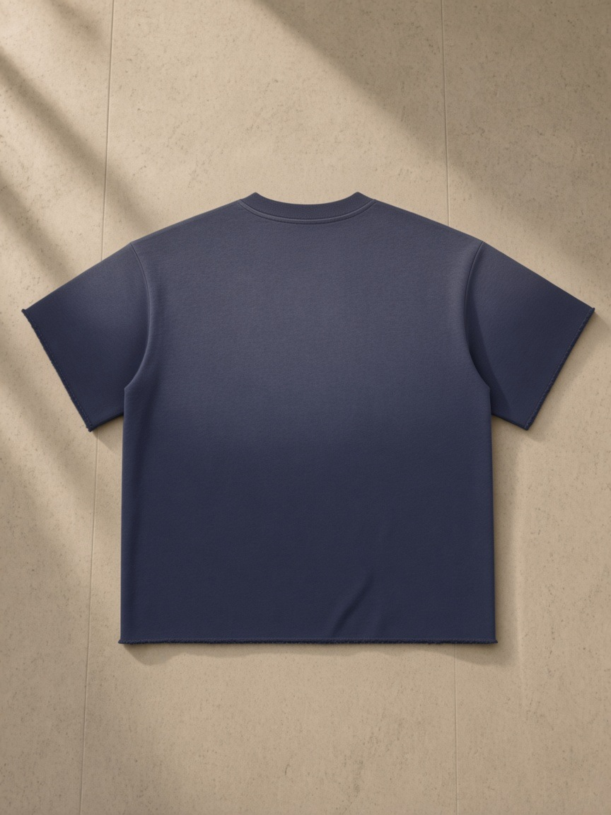 Back of the Navy Blue Men's Sun Fade Raw Edge T-Shirt, laid flat
