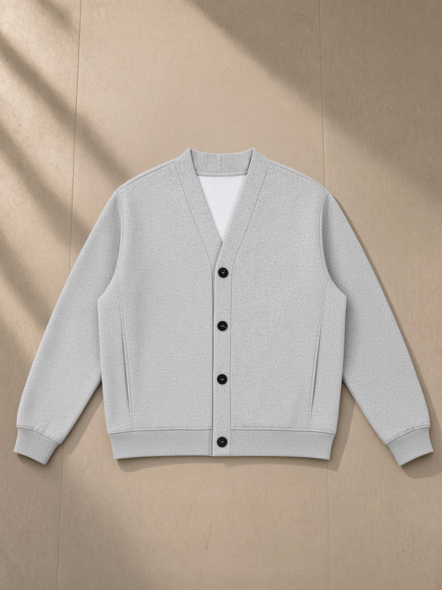 Essential Heavyweight Sweat Cardigan in Flower Gray, laid flat on pale limestone, front.